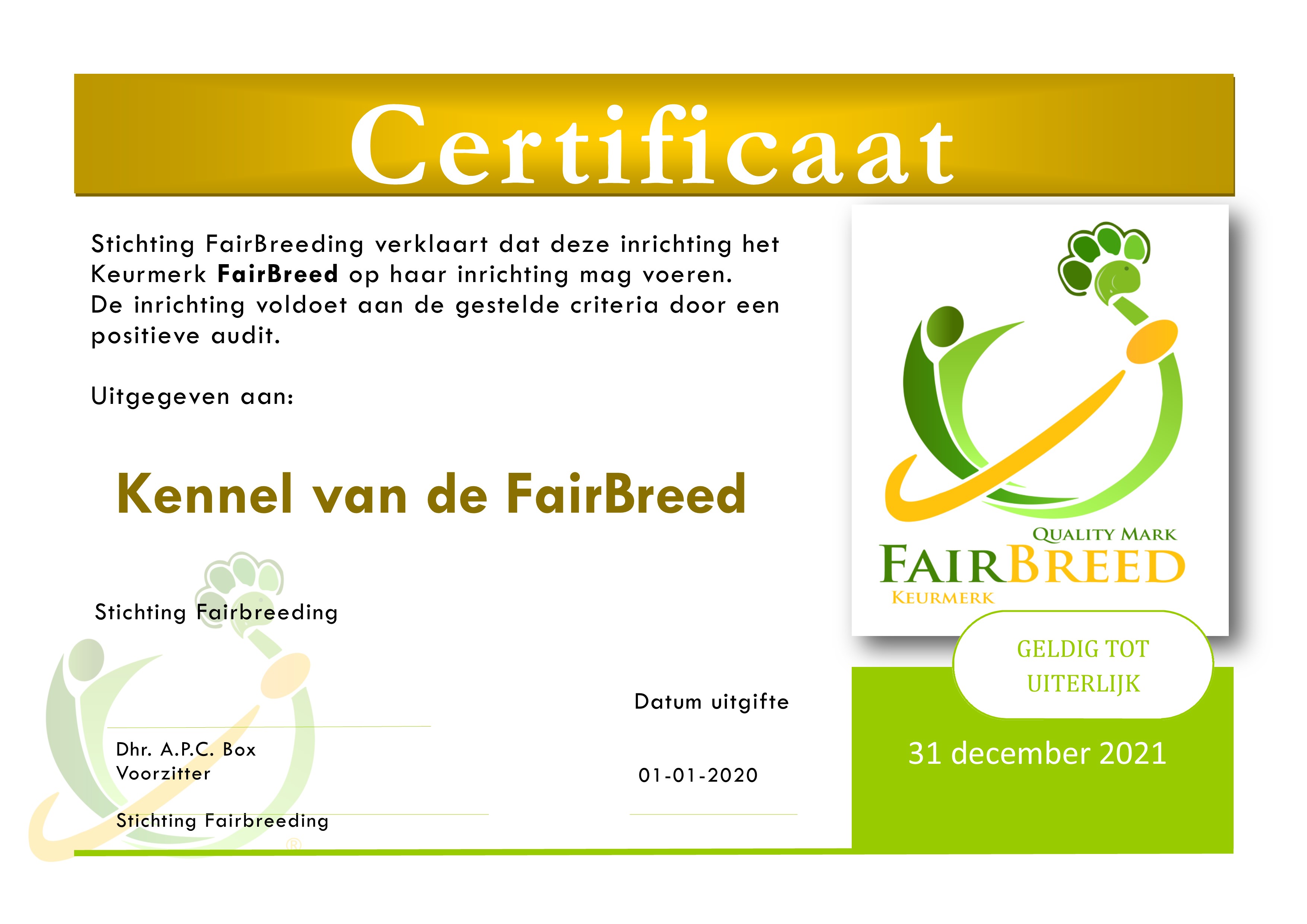 Certificaat gecertificeerde inrichting FairBreed®